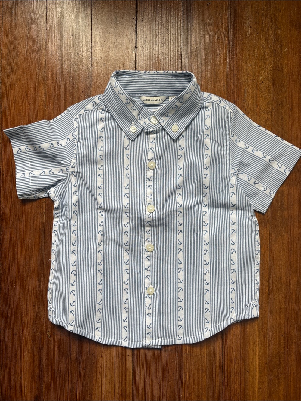 Janie & Jack Boys Anchor Stripe Short Sleeve Buttondown Shirt 12-18 months NWT